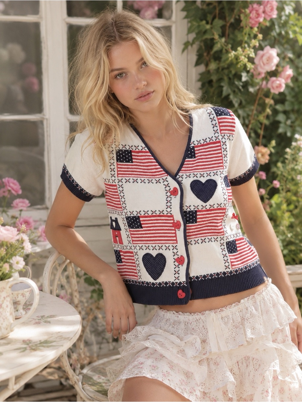 VTG Woman Country American Flag Heart Button Knit Cardigan Top SMALL Romantic